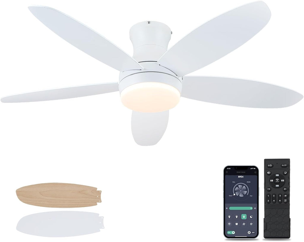 48 Inch Ceiling Fan with Light, White Flush Mount Ceiling Fan with Remote and APP Control, Dimmable and 6 Wind Speed, Modern Low Profile Fan Light for Bedroom, Covered Outdoor