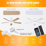 Ceiling Fans with Lights, 52inch Low Profile Ceiling Fan with Light and Remote Control,Reversible, 3CCT, Dimmable, Quiet, White Ceiling Fan for Bedroom Indoor/Outdoor Use