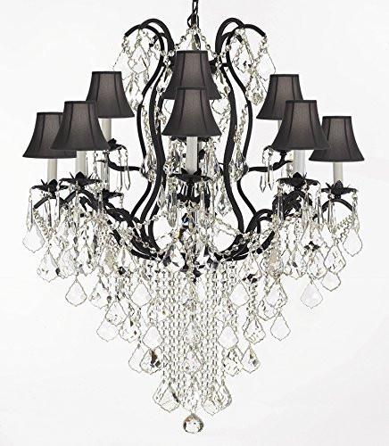 A500-Sc/B12/3034/8+4Sw Wrought Iron Crystal Chandelier Lighting H40" X W28" With Shades Trimmed With Spectra (Tm) Crystal - Reliable Crystal Quality By Swarovski - A500-Sc/Blackshade/B12/3034/8+4Sw