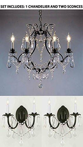 Three Piece Lighting Set - Wrought Iron Crystal Chandelier Lighting H19" X W20" And 2 Wall Sconces - 1Ea 3030/6 + 2Ea 2/3034/Wallsconce