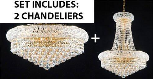 Set Of 2 - New French Empire Crystal Chandelier 24X32 + Flush Empire Crystal Chandelier Lighting 15X24 - Foyer Hallway Bedroom Kitchen- Works For All Locations - 1Ea-A500-542/15+1Ea-A500-Flush/542/15