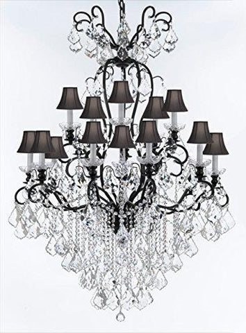 Swarovski Crystal Trimmed Wrought Iron Crystal Chandelier Lighting W38" H60" - Good for Entryway, Foyer, Living Room, Ballrooms, Catering Halls, Event Halls! w/ Black Shades - A500-BLACKSHADES/B12/556/16SW