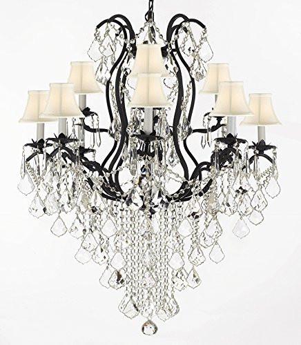 Wrought Iron Crystal Chandelier Lighting H40" X W28" With Shades Trimmed With Spectra (Tm) Crystal - Reliable Crystal Quality By Swarovski - A500-Sc/Whiteshade/B12/3034/8+4Sw