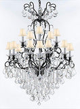 Swarovski Crystal Trimmed Wrought Iron Crystal Chandelier Lighting W38" H60" - Good for Entryway, Foyer, Living Room, Ballrooms, Catering Halls, Event Halls! w/ White Shades - A500-WHITESHADES/B12/556/16SW