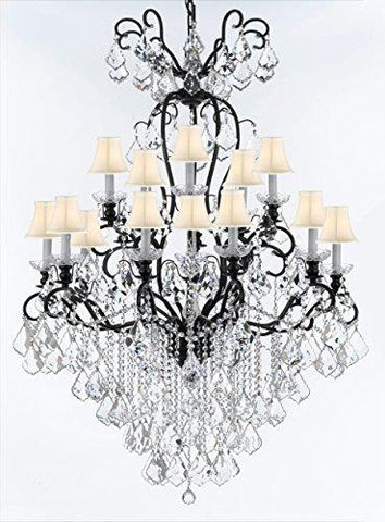 Wrought Iron Crystal Chandelier Lighting W38" H60" - Good for Entryway, Foyer, Living Room, Ballrooms, Catering Halls, Event Halls! w/ White Shades - A500-WHITESHADES/B12/556/16