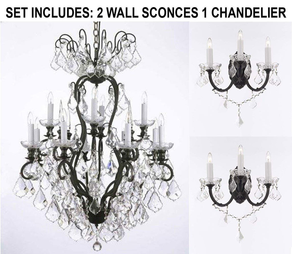 Set of 3-2 Wrought Iron Wall Sconce Crystal Lighting W 11.5" H 14" D 17" and 1 Wrought Iron Crystal Chandelier Lighting H30 x W28 - 2EA A500-3/556 + 1EA A500-556/12